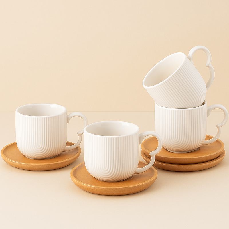 Jogo de 4 Xícaras de Café com Pires de Bambu