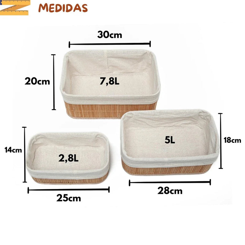 Kit 3 Cestos de Bambu com Forro